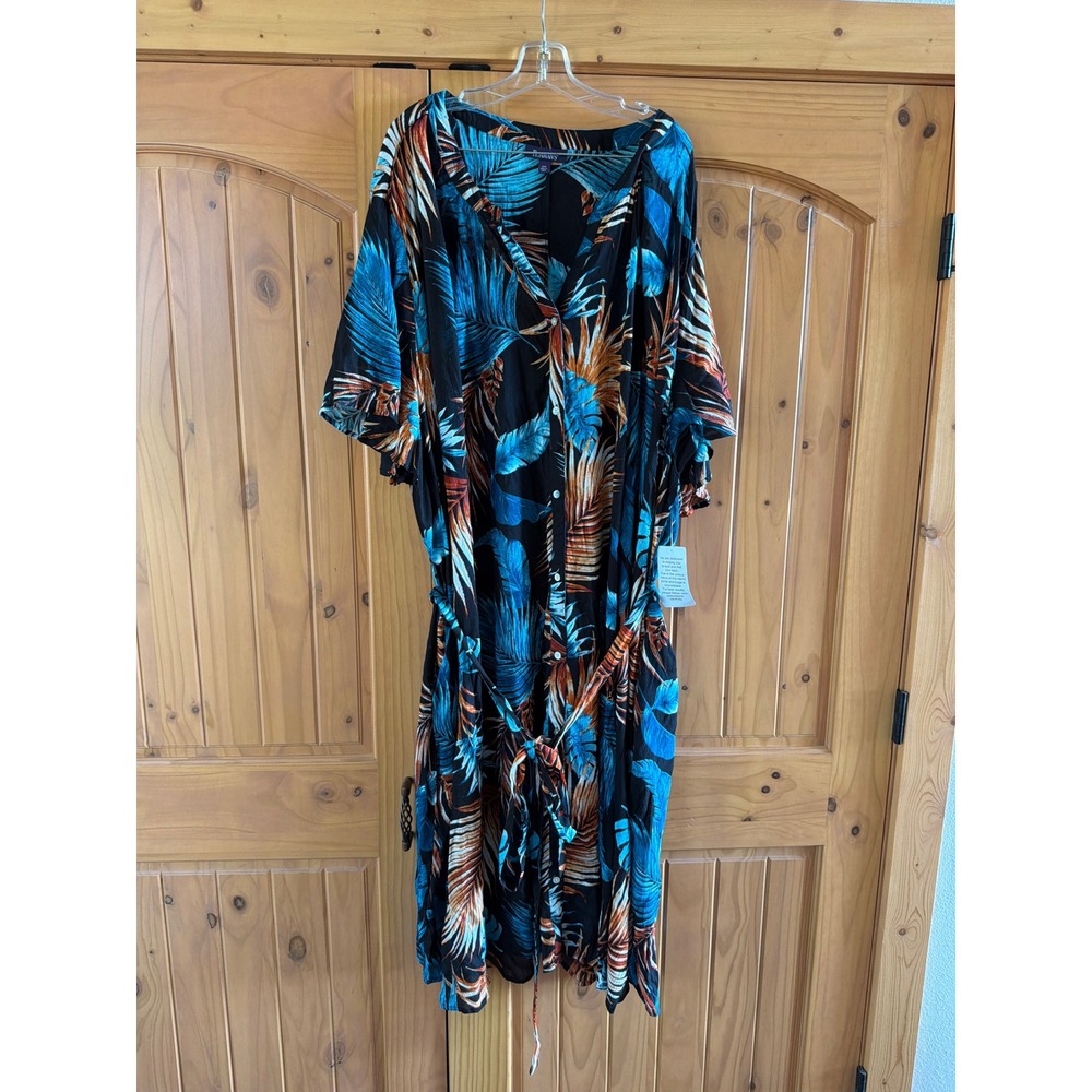 Roamans Tropical Palm Leaf Button Front Tie Waist Midi Dress Black Blue 40W NEW